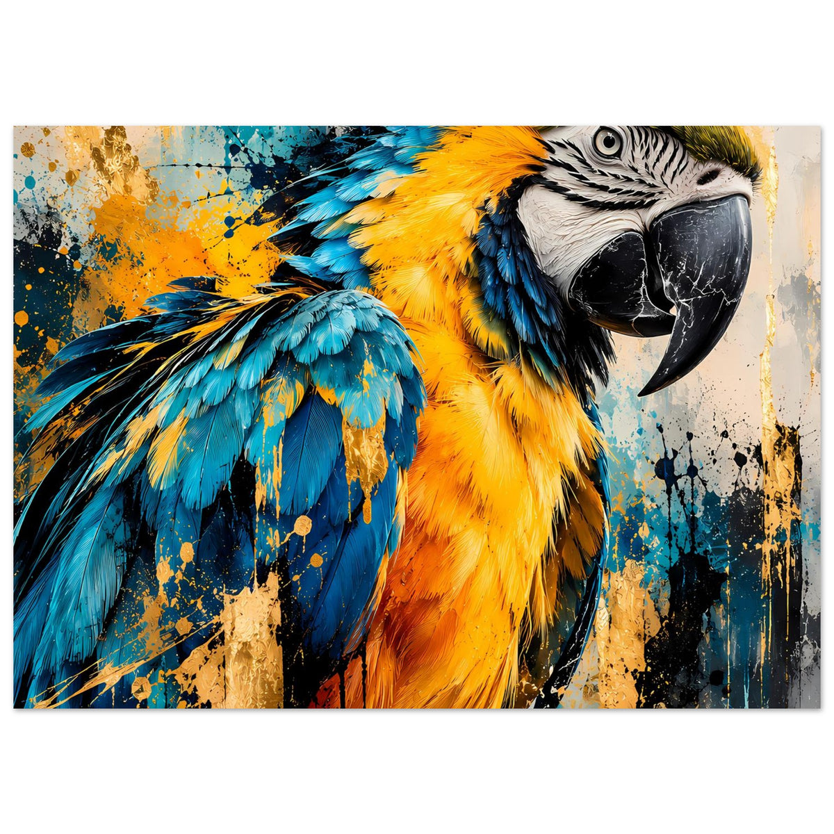 Parrot-Kunstposter im Querformat: Nahansicht des Papageienkopfs mit blau-gelbem Gefieder