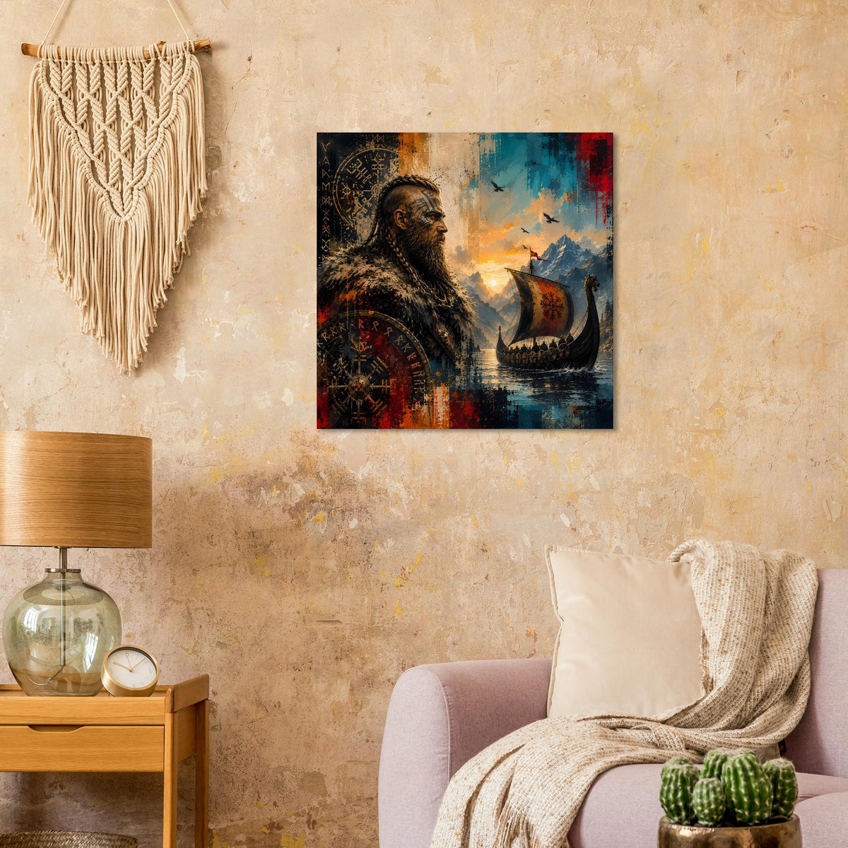 Kleines Saga-Poster an der Wand: Wikingerkrieger mit Schild, Langschiff und Runen