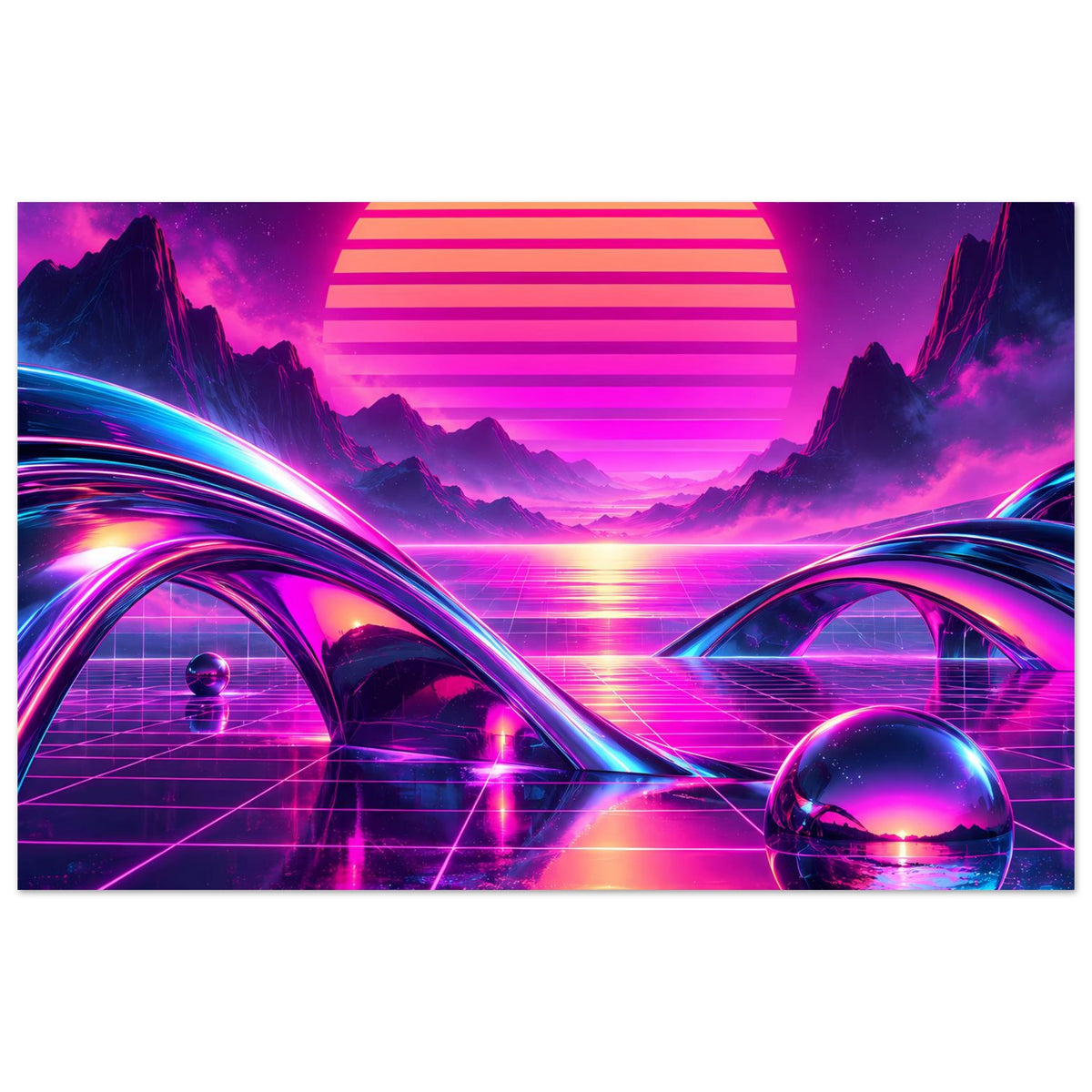 Retro-Science-Fiction-Poster mit Neon-Sonnenuntergang, Rasterboden, gekrümmten Lichtbögen und Astronaut