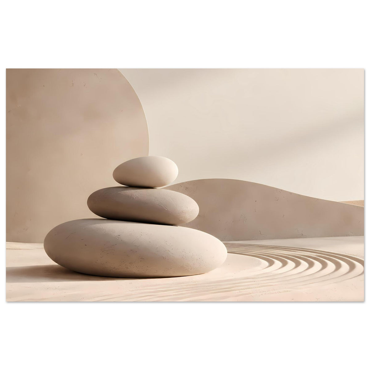 Minimalistisches Poster mit Stapel hell- und dunkelgrauer Steine auf Sand mit Wellen