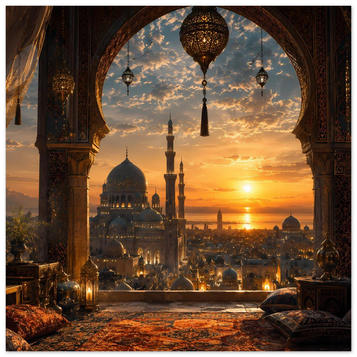 Poster mit Sonnenaufgang an der Moschee, Rundbogen mit Kuppel, Minaretten und Teppich.