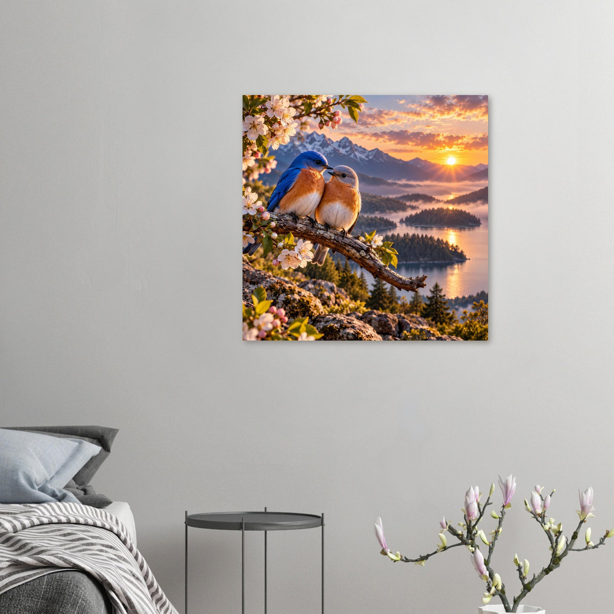 Kleines quadratisches Poster mit zwei Vögeln auf Ast, Sonne über Berglandschaft