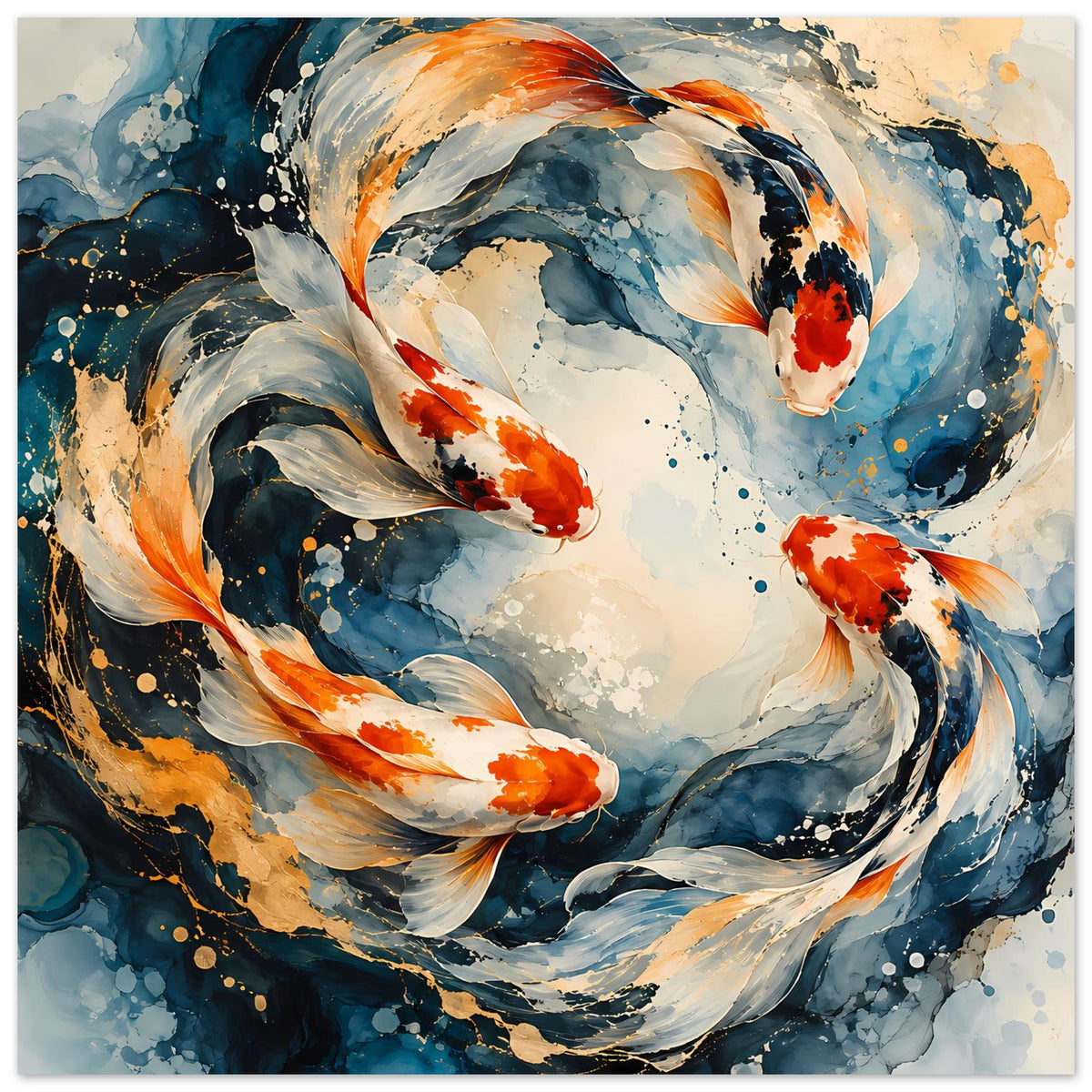 Japanisches Poster im Querformat mit Koi-Fischen im Wasserwirbel, blau-grau und orange