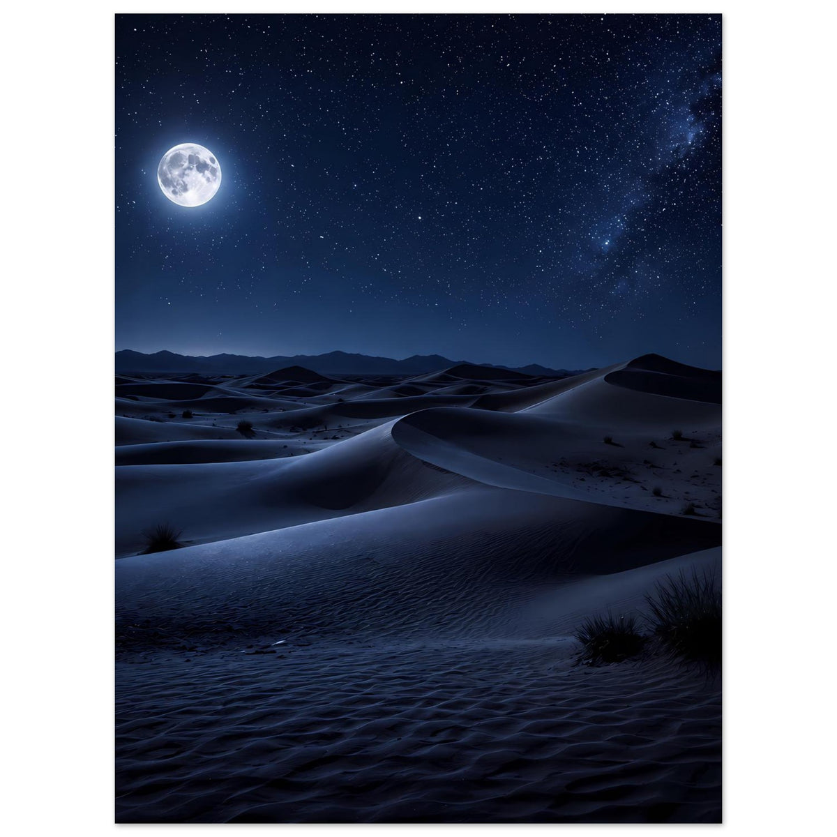 Wandposter: Vollmond über Dünenlandschaft mit Sternenhimmel in Nachtstimmung