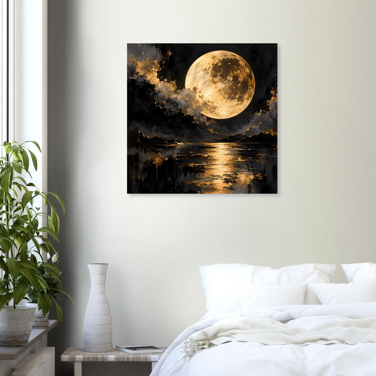Wandposter mit Mondsichel über Wasserreflexen, zentral gerahmt in Schwarz