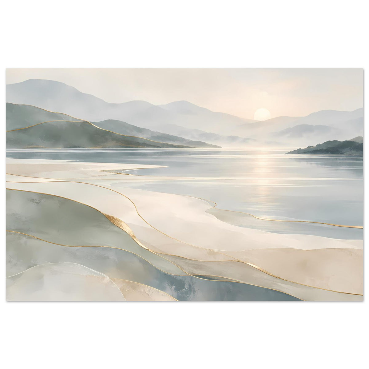 Poster mit Küstenlandschaft im Querformat: Beige, Grau und goldene Akzentlinien