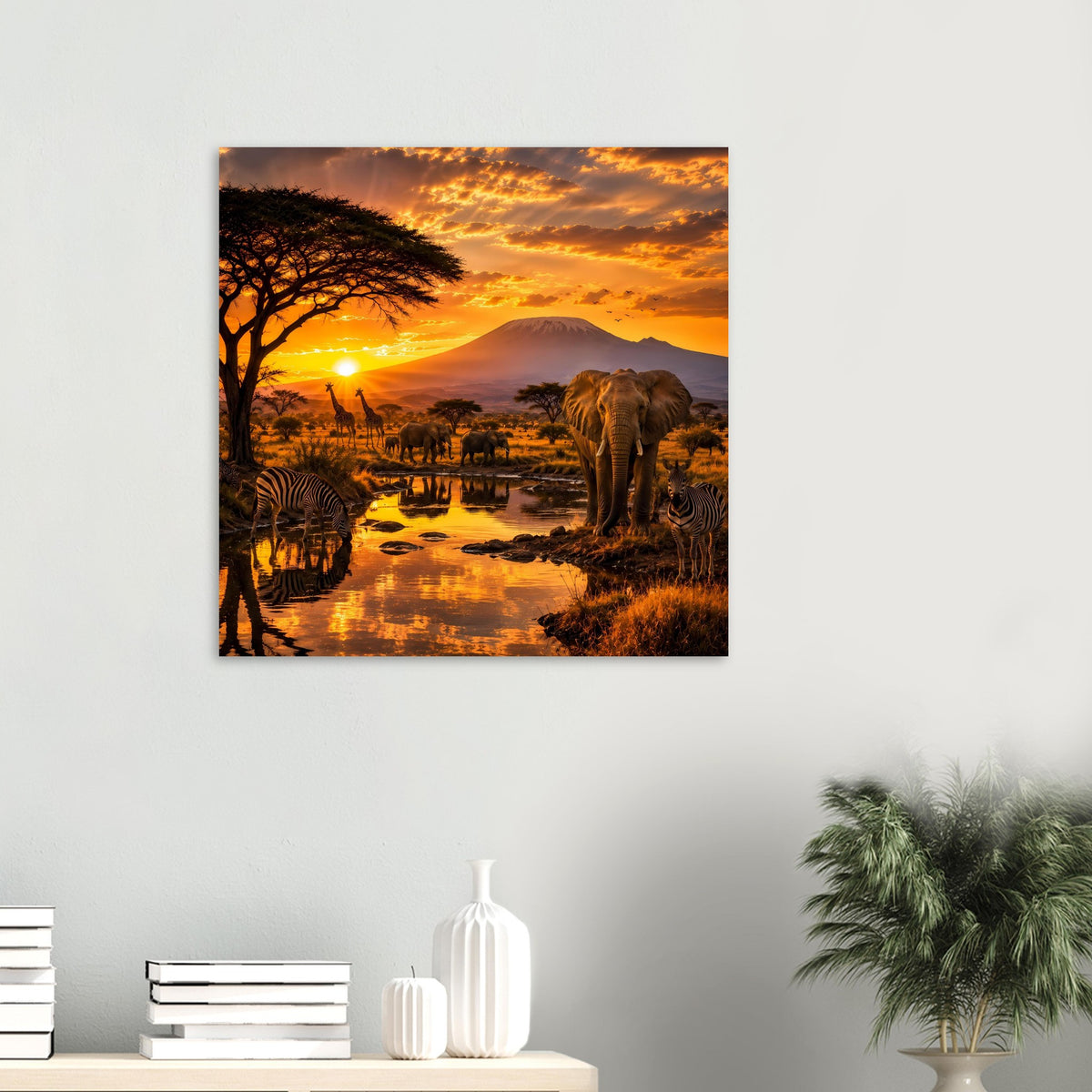 Quadratisches Wandposter: Elefanten, afrikanische Savanne und Sonnenuntergang über dem Fluss.