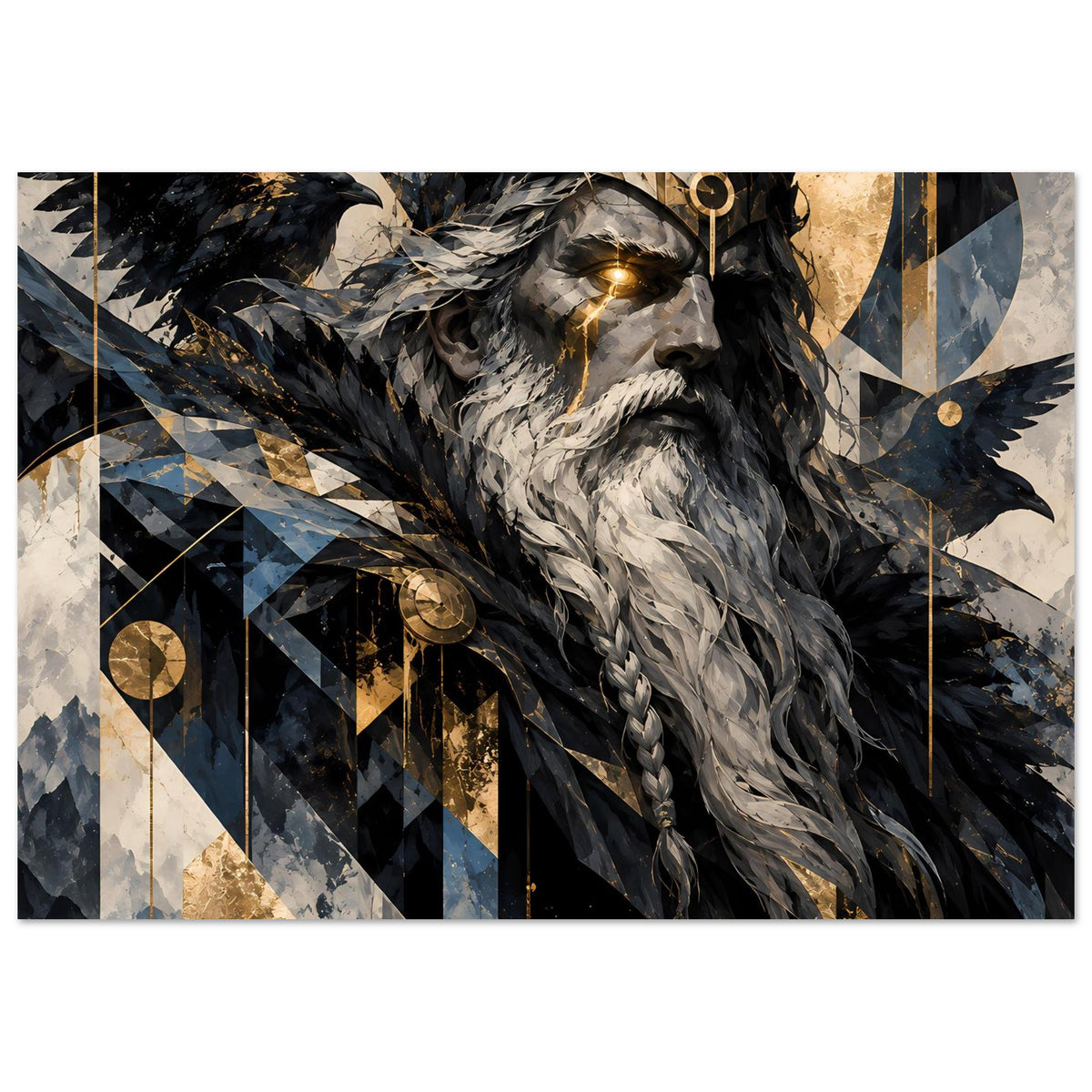 Poster mit Odin und Rabe: goldenes Auge, grauer Bart, schwarze Federn, blau-goldenes Design