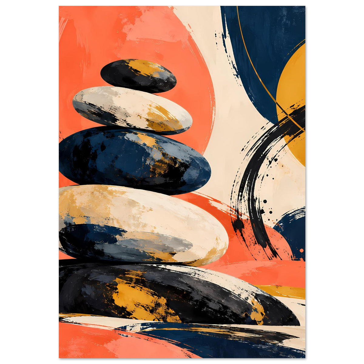 Poster mit abstraktem Steinstapel aus dunklen und hellen Farbfeldern, Orange, im Hochformat