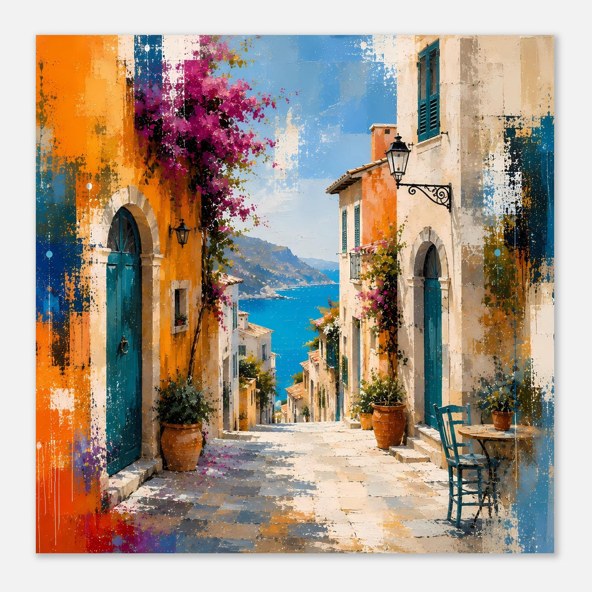 Mediterraner Straßen-Poster mit schmaler Gasse, Meerblick und bunten Fassaden