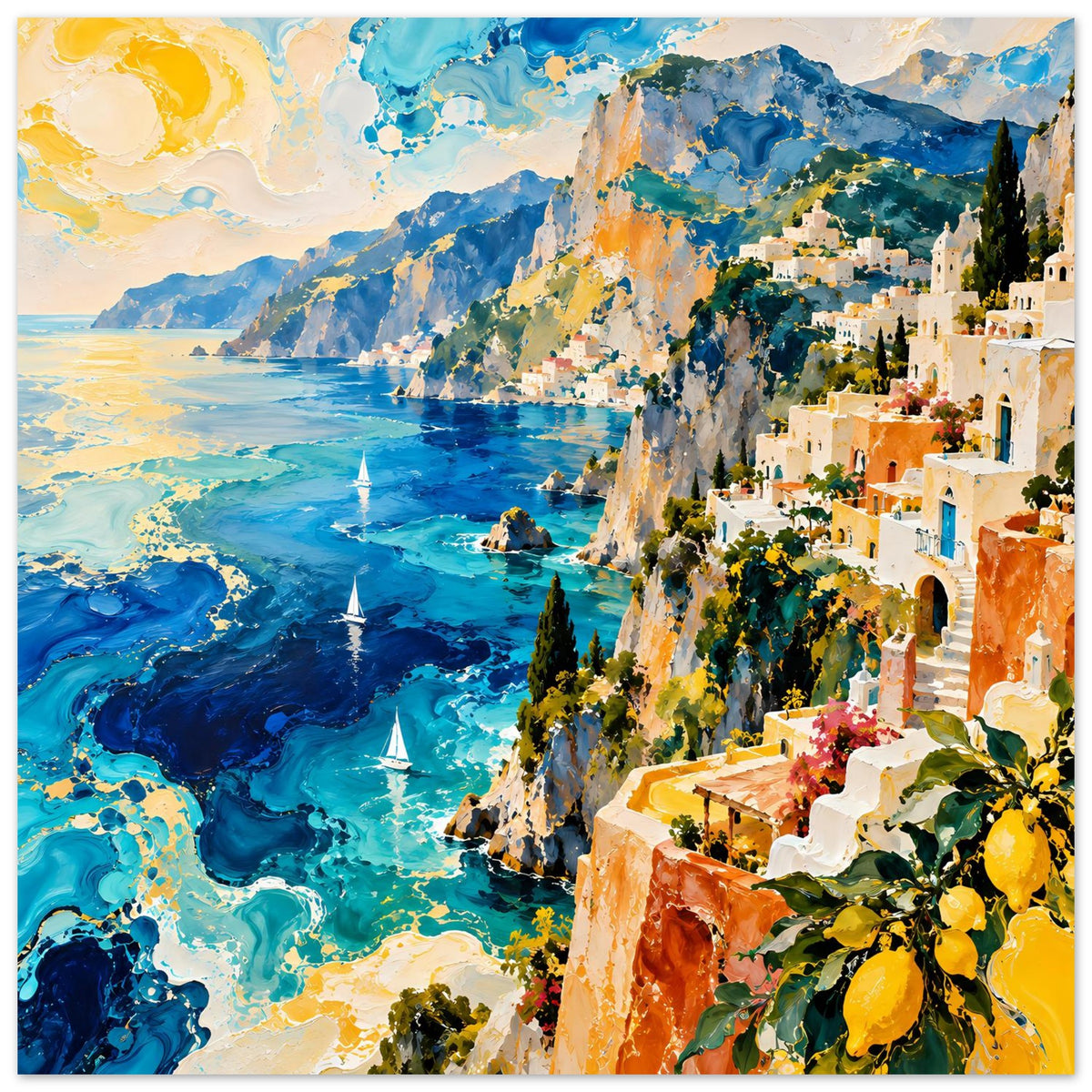 Küstenlandschafts-Poster mit blauem Meer, orangefarbenen Häusern an der Steilküste und Zitronenmotiv