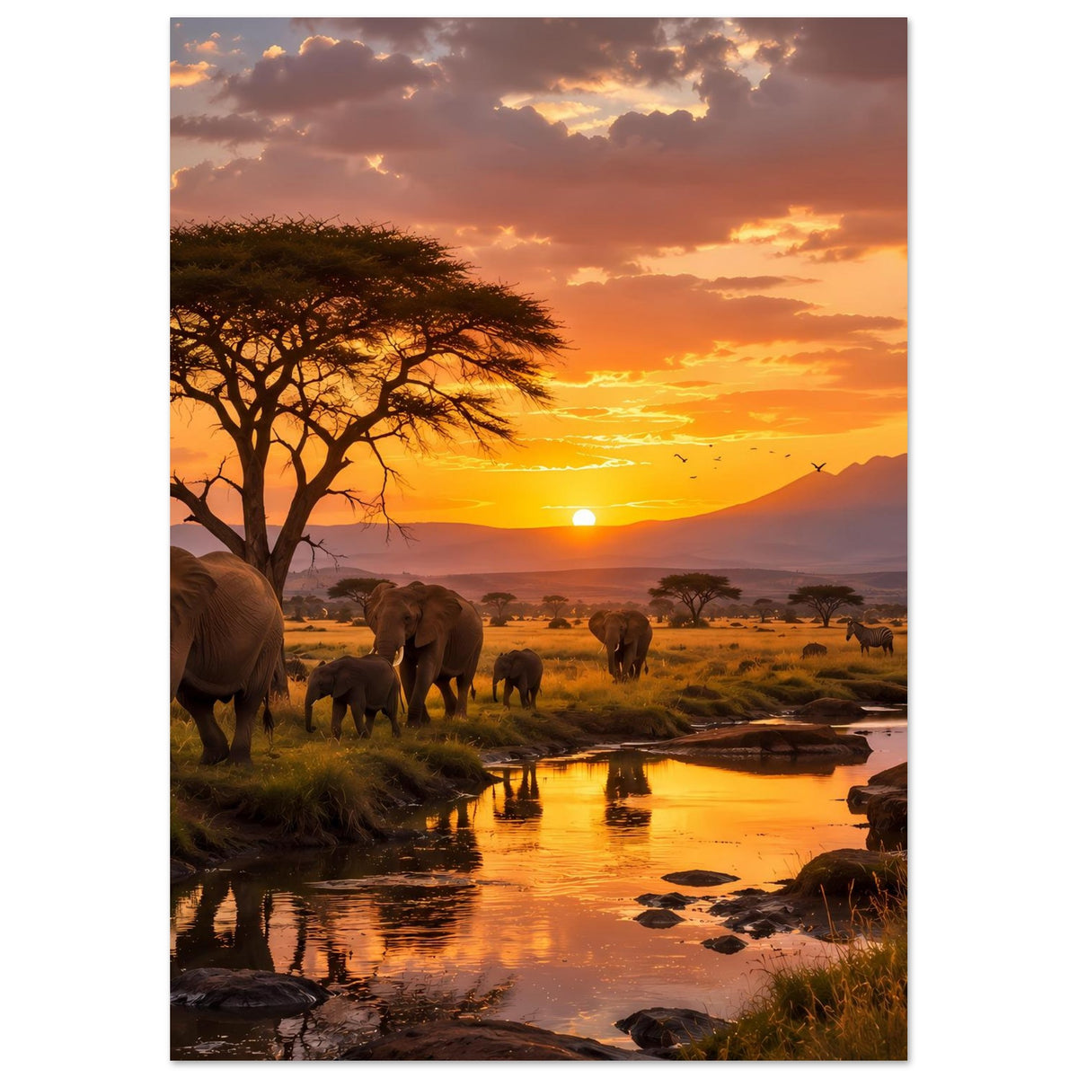 Elefanten-Savannenposter: Elefantenherde am Ufer, Fluss mit Reflexionen, Abendhimmel mit Sonne.