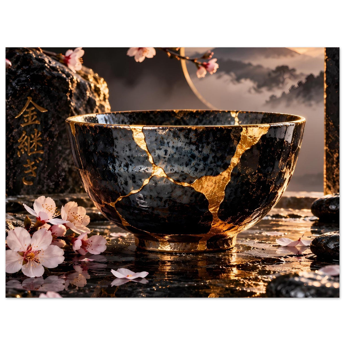 Kintsugi-Elegance-Poster mit schwarzer Schale, goldener Rissgrafik und Kirschblüten