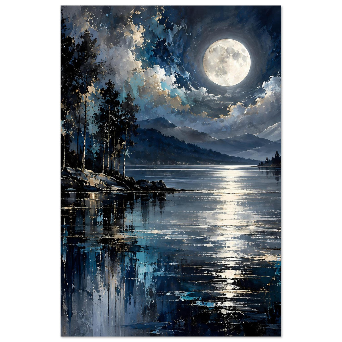 Vertikales Poster mit Vollmond über See, Berge, dunkle Bäume und Reflexionen