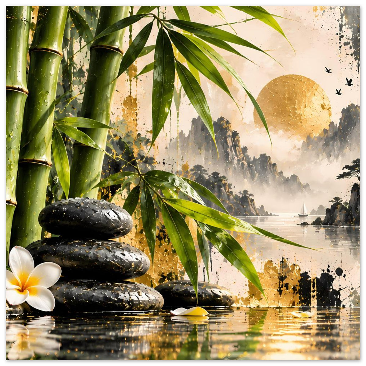 Zen-Poster mit Bambus, goldener Sonne, schwarzen Steinen und weißer Blüte im unteren Bereich