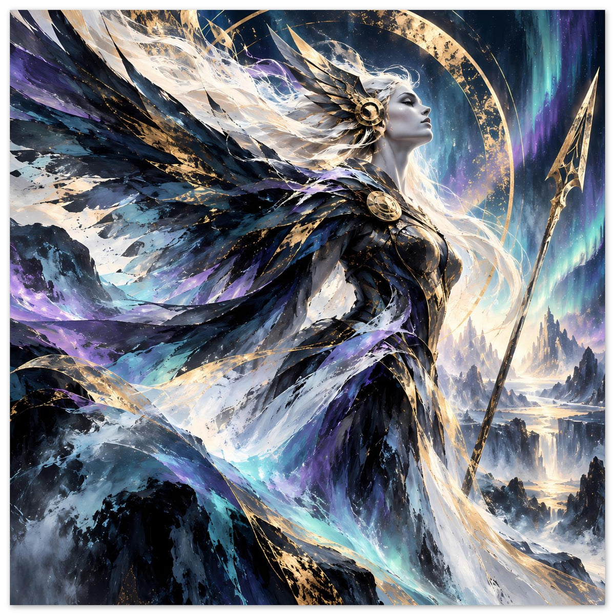 Fantasy-Göttinnenposter mit geflügelter Krone, goldenen Ornamenten und lila-blauen Energien