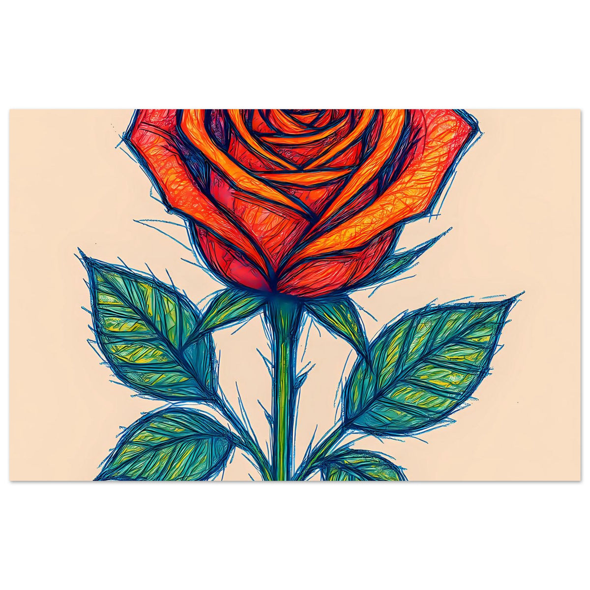 Querformat-Poster mit gezeichneter Rose: rot-orange Blüte, grüne Blätter auf mattem Papier