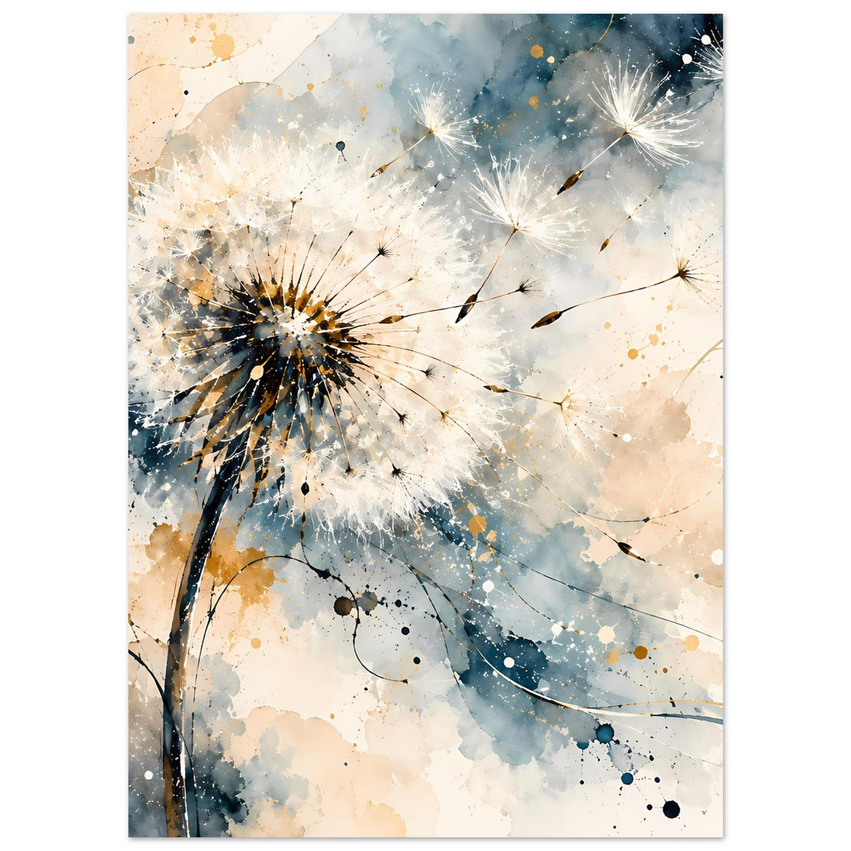 Kunstposter mit Pusteblume, hellen Federwolken und blau-goldenen Sprenkeln