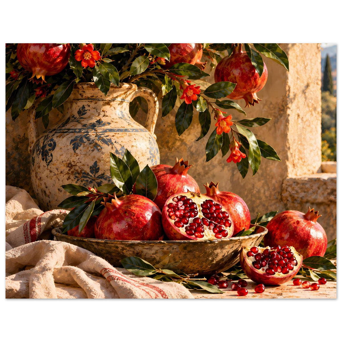 Poster mit Stillleben: Granatäpfel, Keramikschale und Vase, rote Blüten, Mattpapier