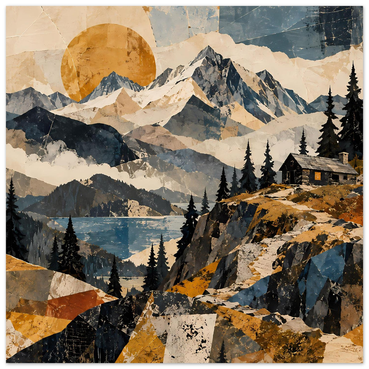 Naturposter mit Berglandschaft, See und Tannen, mit großer gelber Sonnenkreis-Grafik