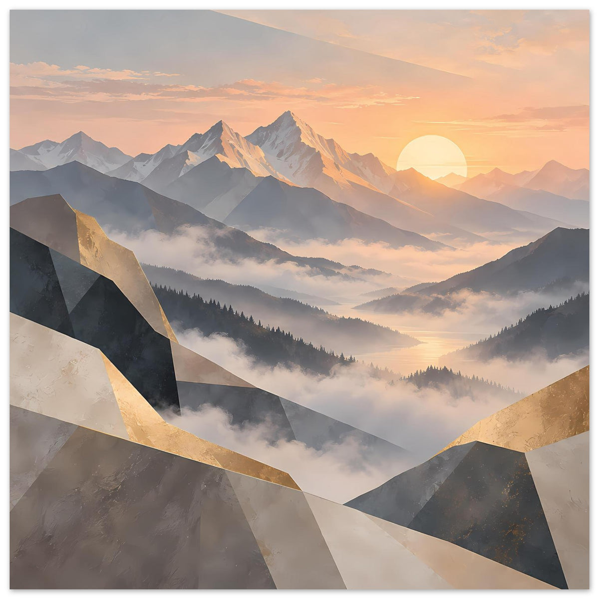Horizontales Wandposter mit Bergsonnenaufgang, pastellfarbenem Himmel und goldenen Akzenten