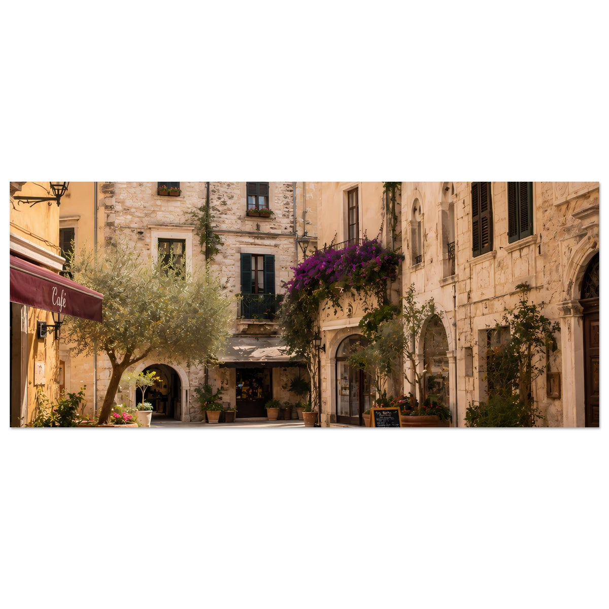 Mediterranes Straßen-Szenenplakat (horizontal): Gasse mit Gebäudefassaden und Blumen in Töpfen.
