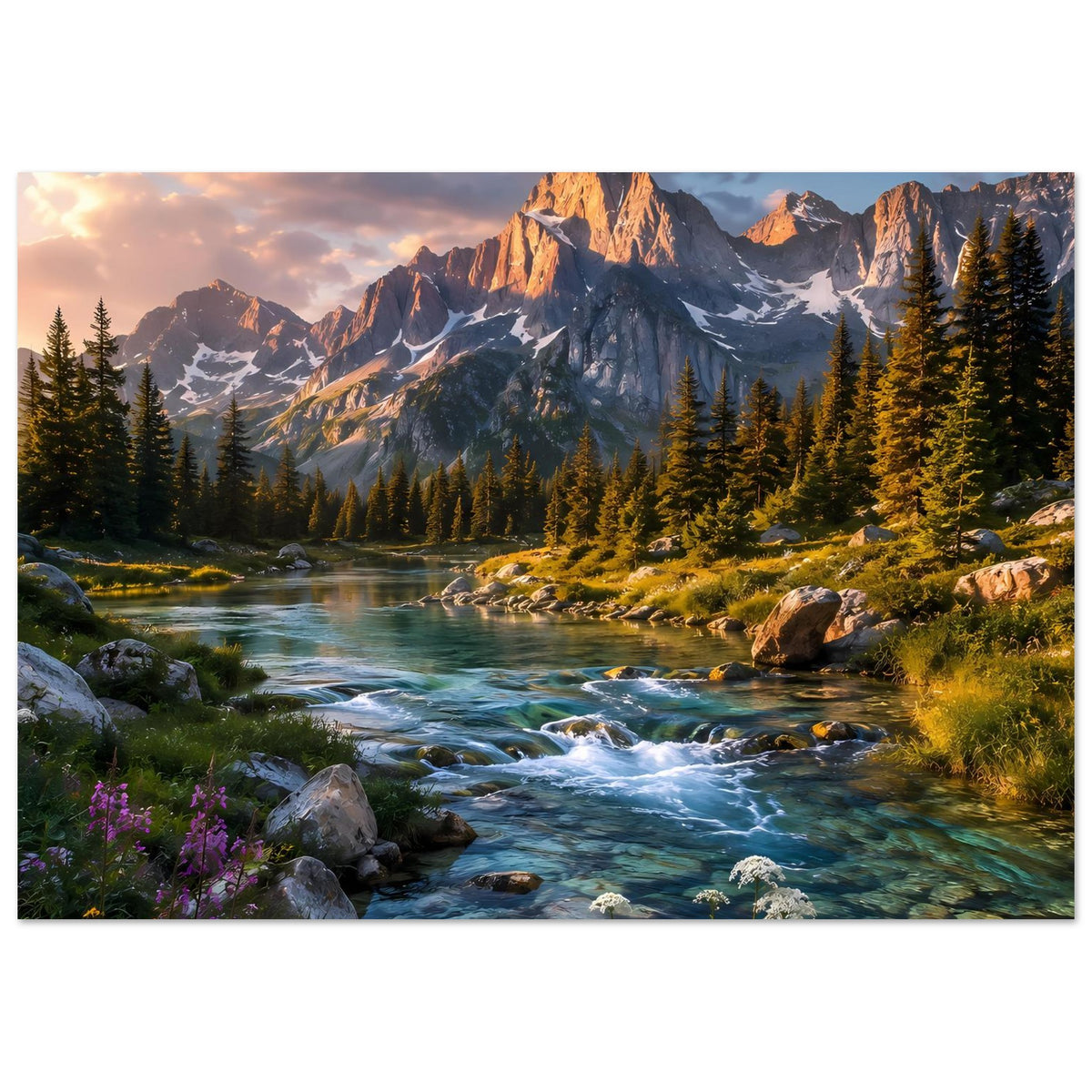 Landschaftsposter mit Fluss, Tannenwald und Berggipfeln mit Sonnenlicht, horizontal