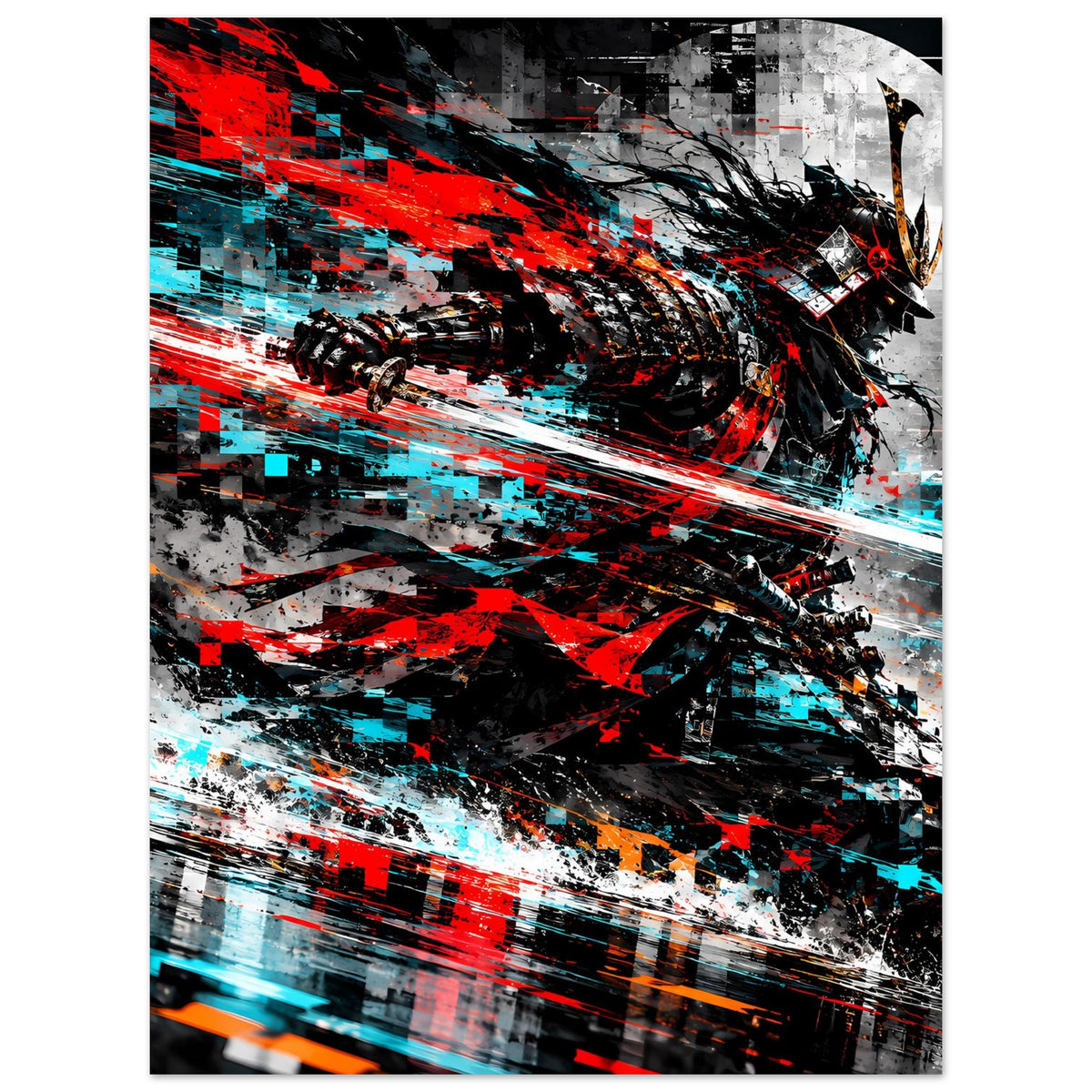 Hochformat-Actionposter mit Samurai-Kopf und Schwert, Rot, Cyan, Schwarz, Strichgrafik