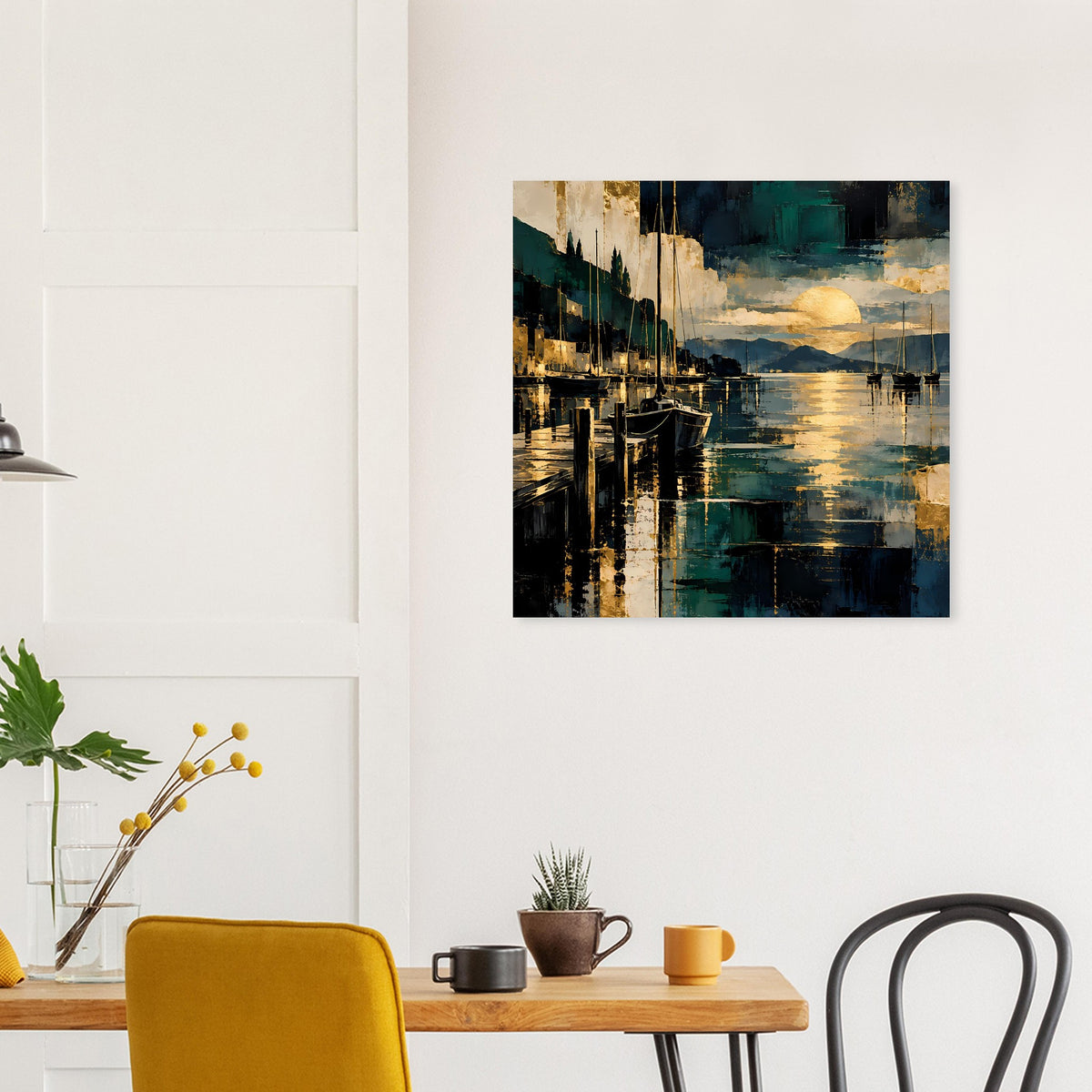 Gerahmtes Poster mit Hafen mit Segelbooten und goldenen Reflexen in Blau