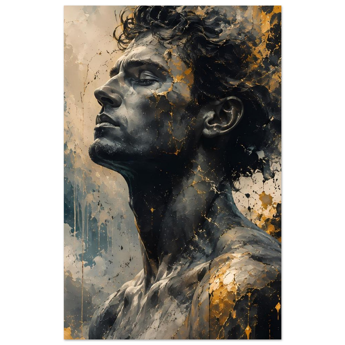 Poster mit Männerporträt im Seitenprofil, goldene Risse im Gesicht, schwarz-graue Malerei, vertikal
