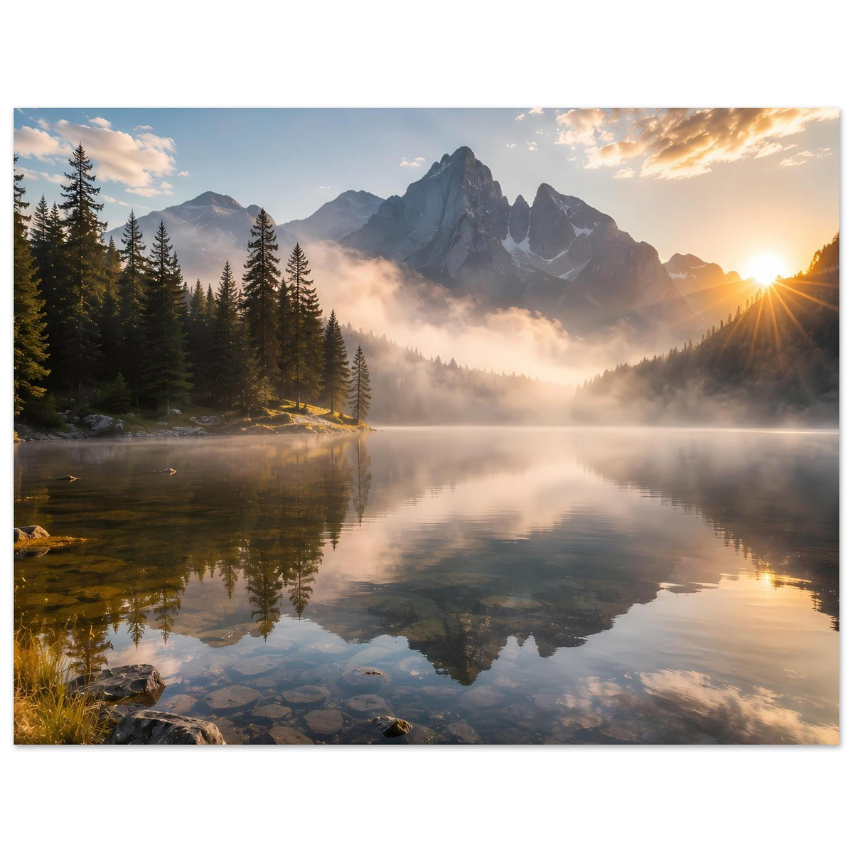 Horizontales Poster mit Berglandschaft, See, Tannen und goldenem Sonnenstrahl rechts oben