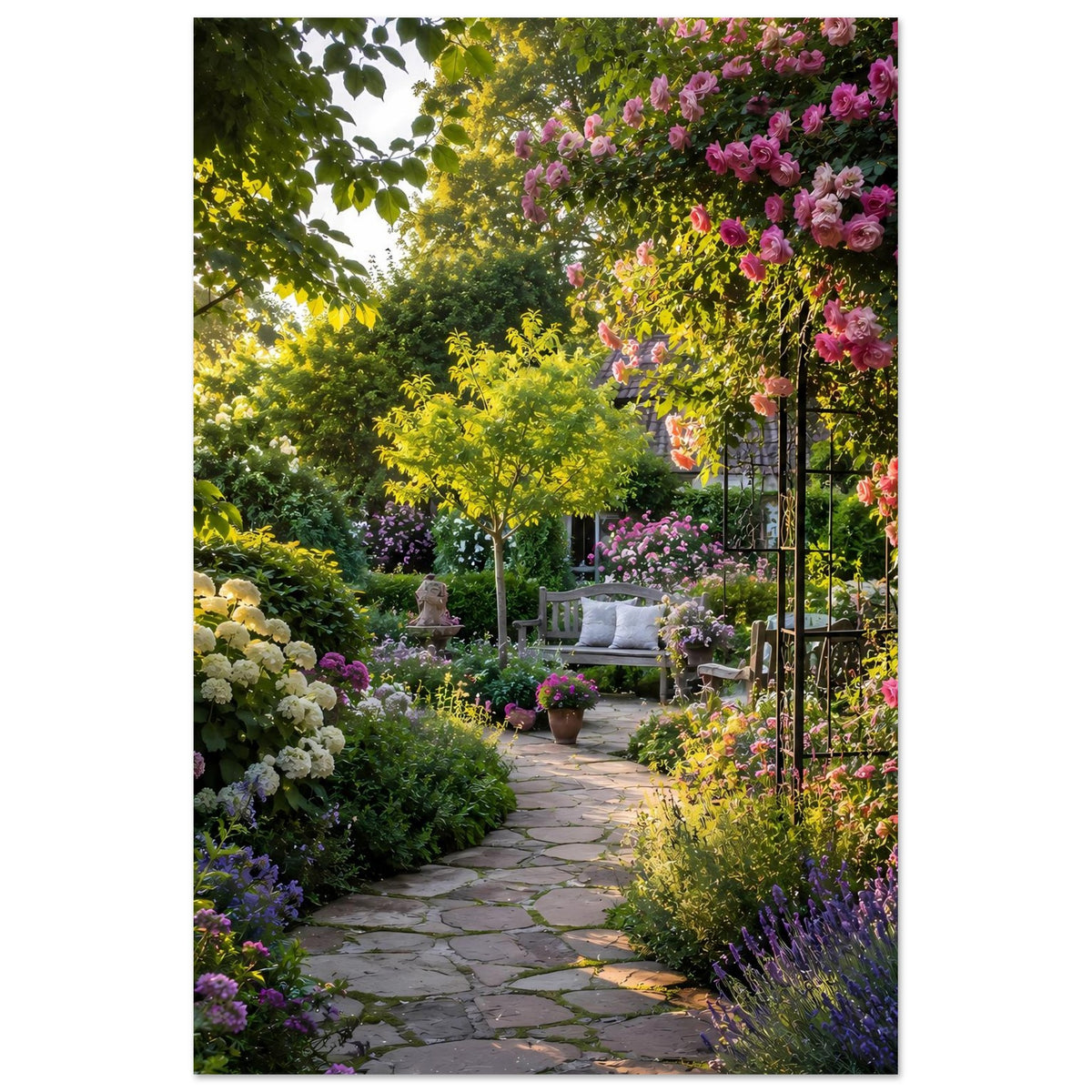 Gartenposter: Steinweg durch Blütenbeete, Pergola rechts und gelber Baum