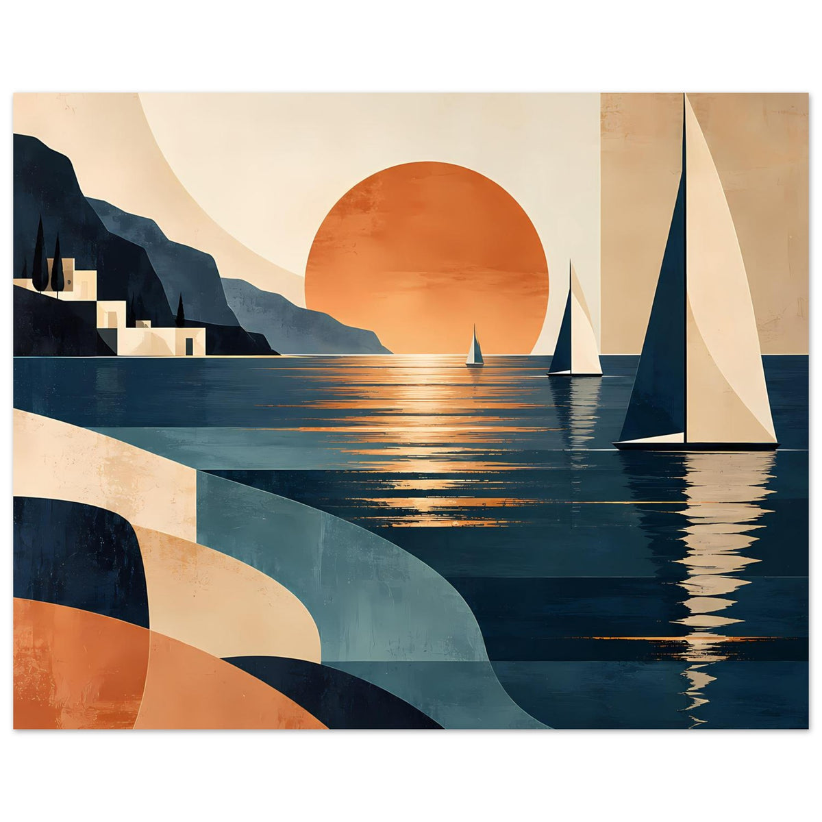 Poster (Querformat): Sonnenuntergangsmeer mit Segelbooten, Spiegelungen auf der Wasseroberfläche