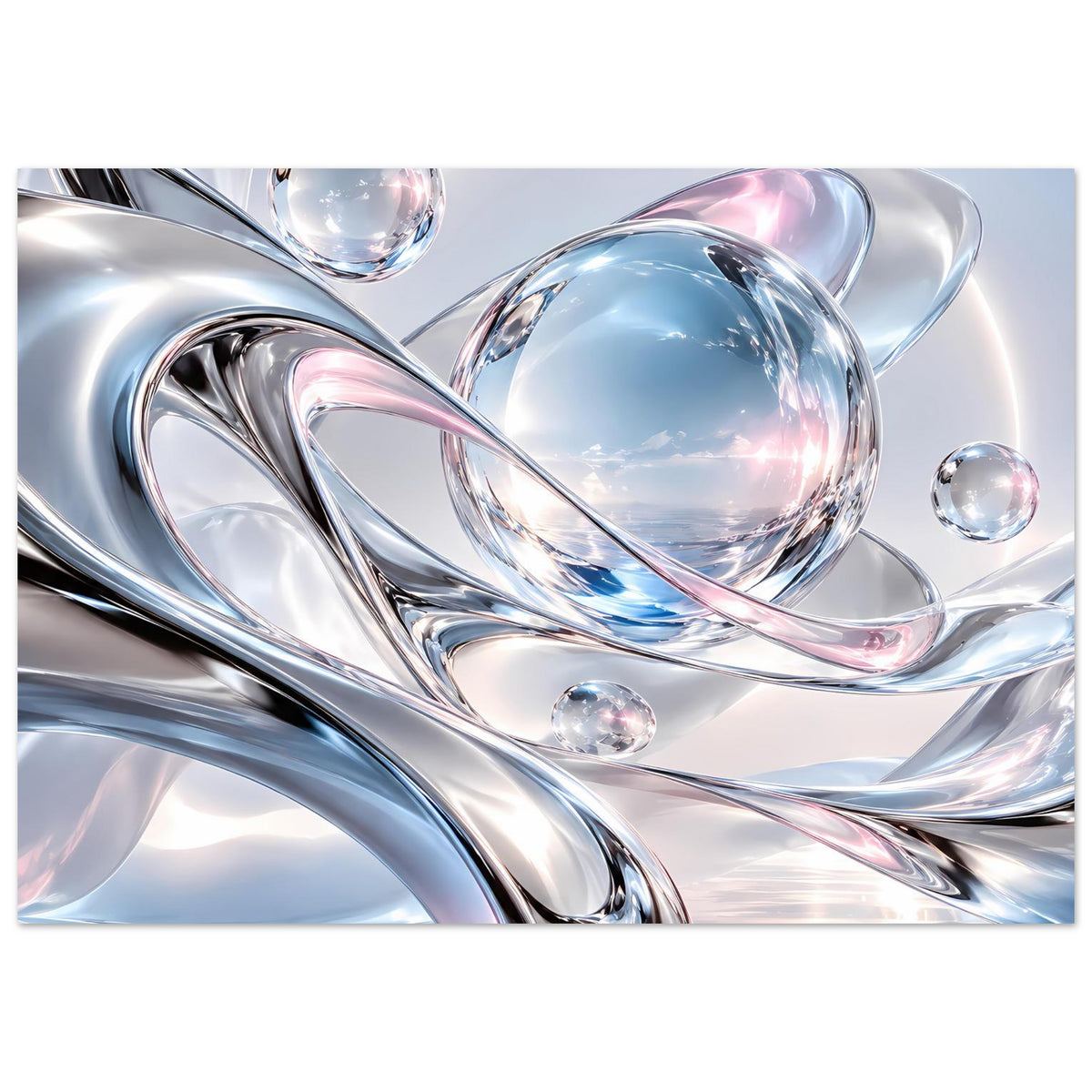 Kunstposter mit silbernen Metallbögen und Kugeln, blaue Lichtreflexe, zarte Rosa-Töne