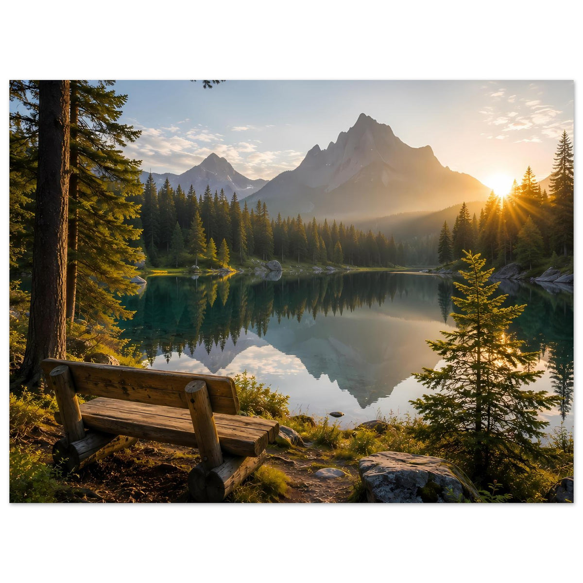 Poster mit Bergsee bei goldenem Morgenlicht, spiegelnder Wasseroberfläche und Fichtenwald