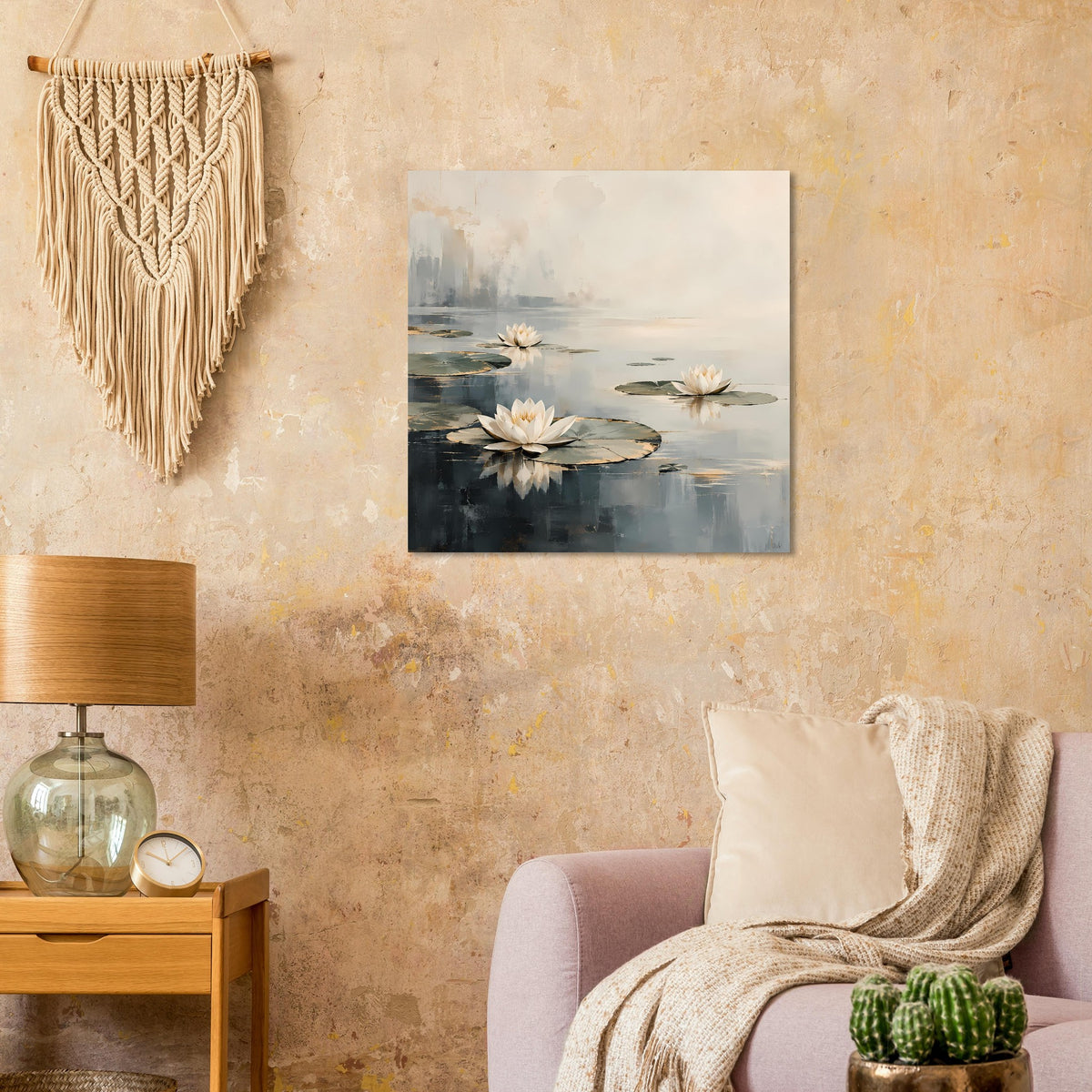 Poster mit weißen Wasserlilien und dunklem Wasser, pastellige Uferstimmung
