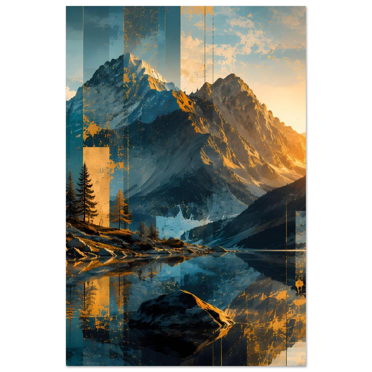 Poster mit abstrakter Berglandschaft: schneebedeckte Gipfel, Tannen und Reflexion im Tal, blau-gold