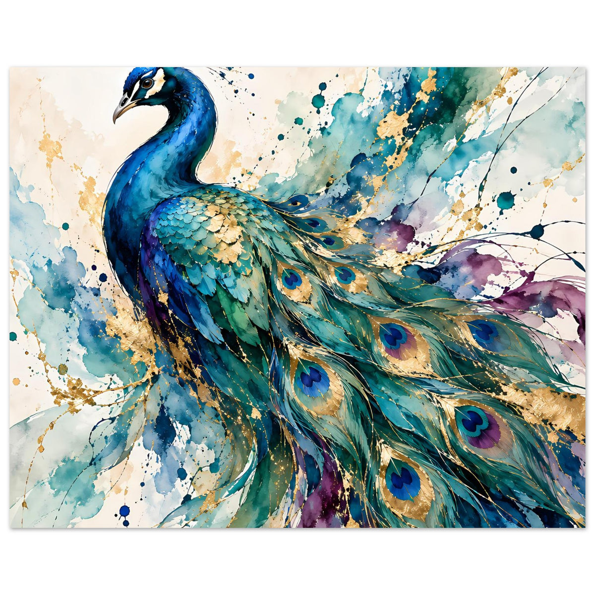 Aquarell-Pfauenposter im Querformat: blaues Gefieder mit grünen und violetten Highlights