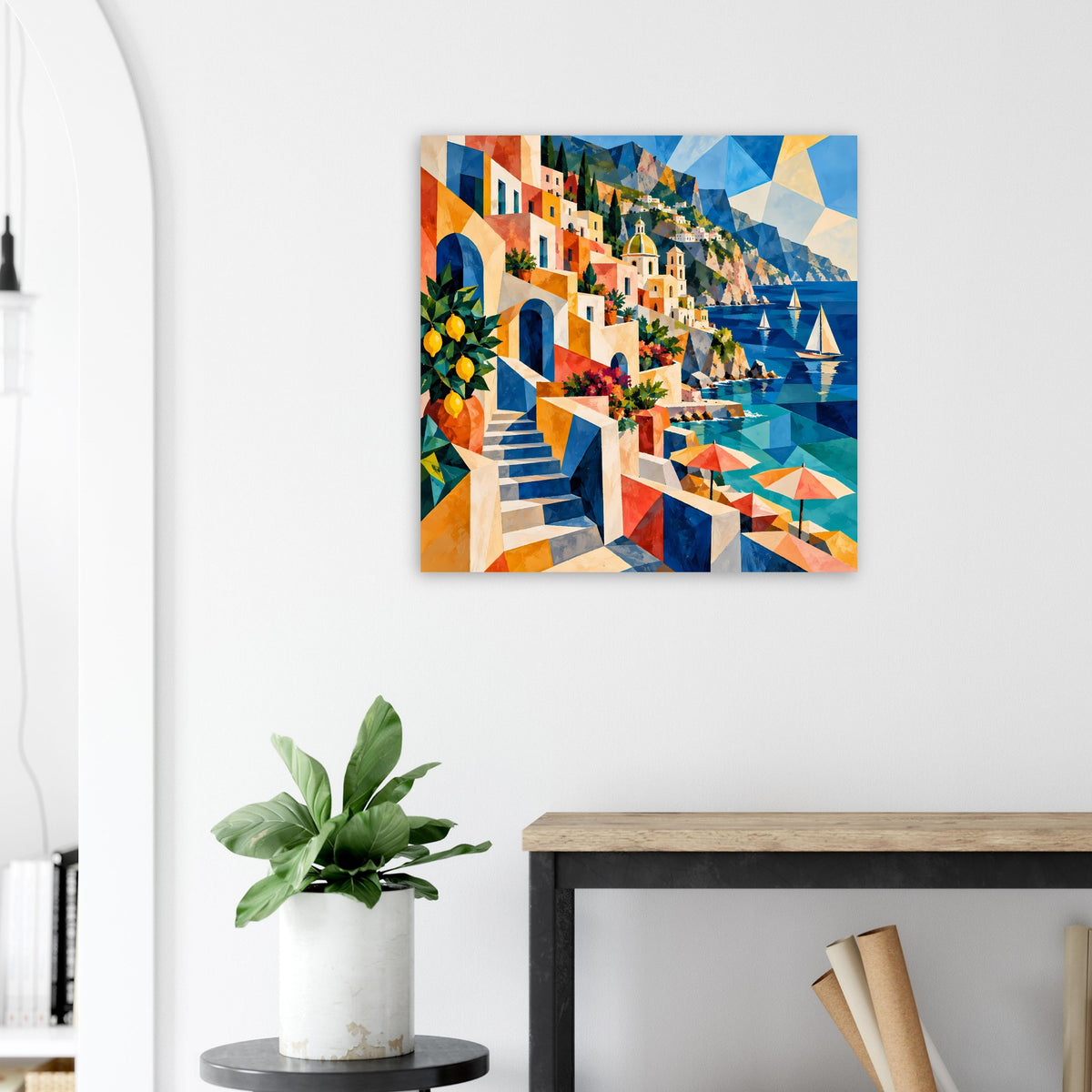 Quadratisches Poster mit mediterranen Häusern und Segelbooten in Blau-Orange
