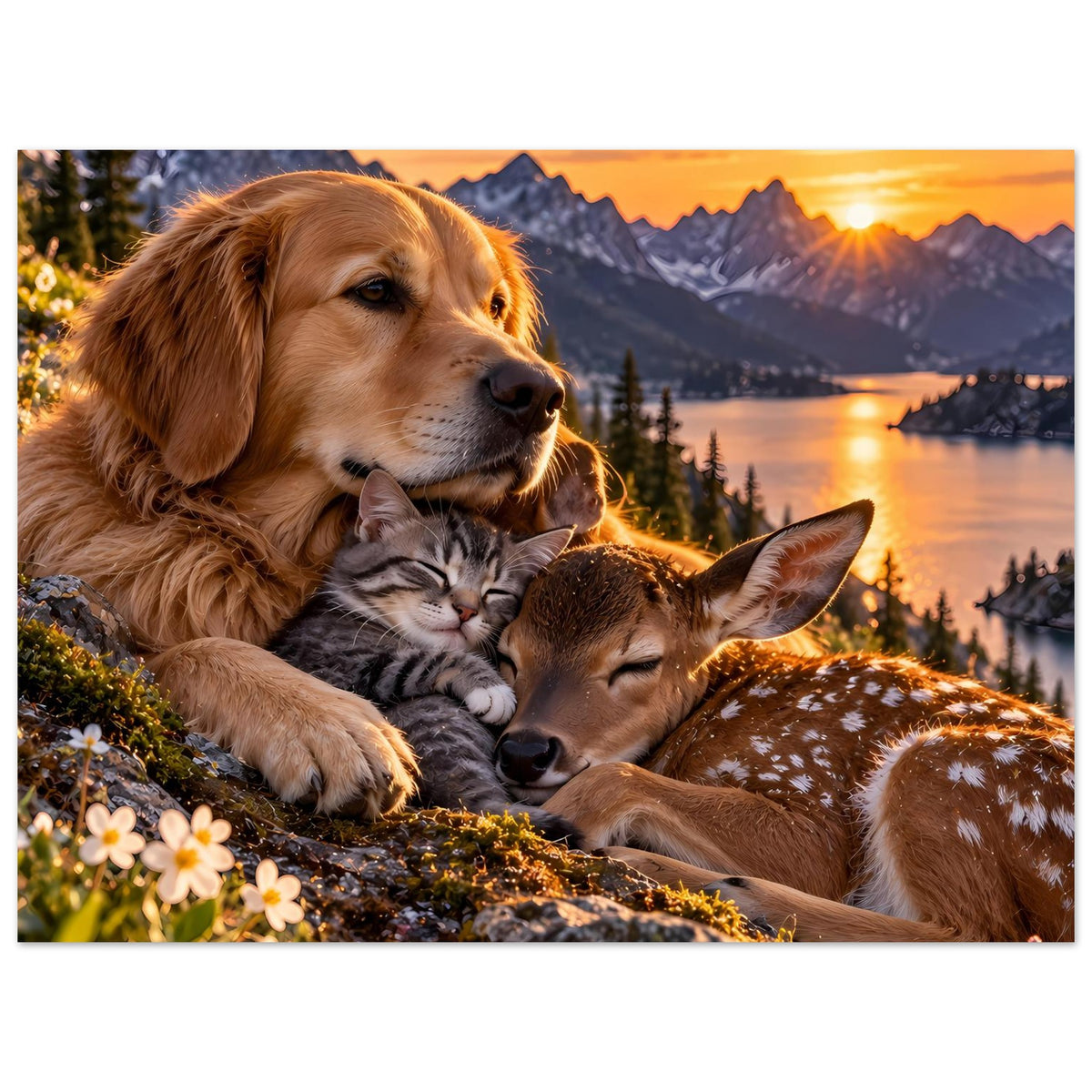 Poster mit großem Motiv: Golden Retriever, Katze und Rehkalb beim Kuscheln