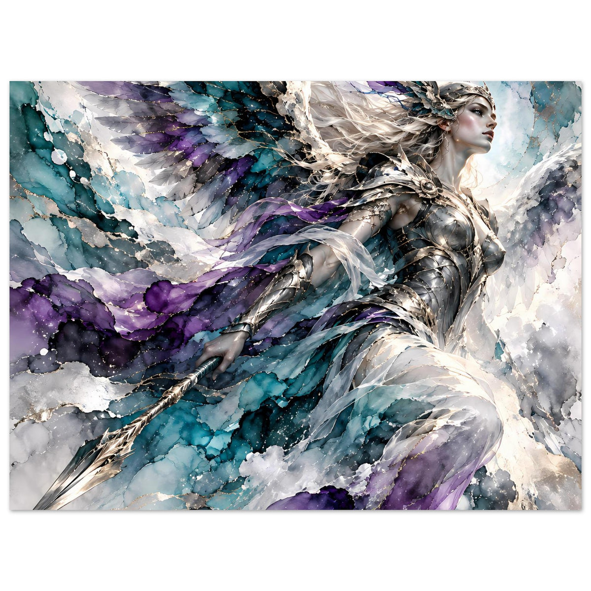 Fantasy-Poster mit Kriegerengel, silberne Rüstung und wallendem Mantel, Blau und Violett, Querformat