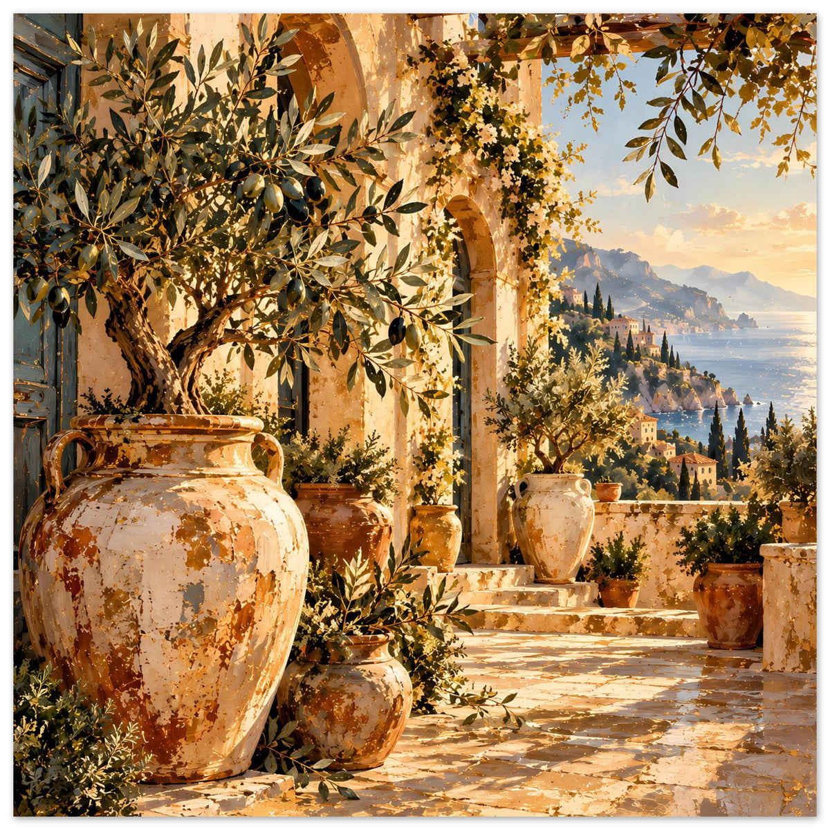 Kunstposter mit großen Terrakotta-Krügen, Olivenbaum und Treppe mit Blick ins Tal
