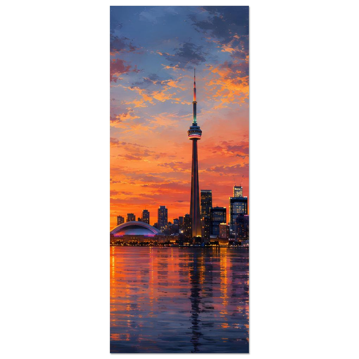 Stadtposter im Hochformat mit CN Tower bei Sonnenuntergang und ruhigem Wasser