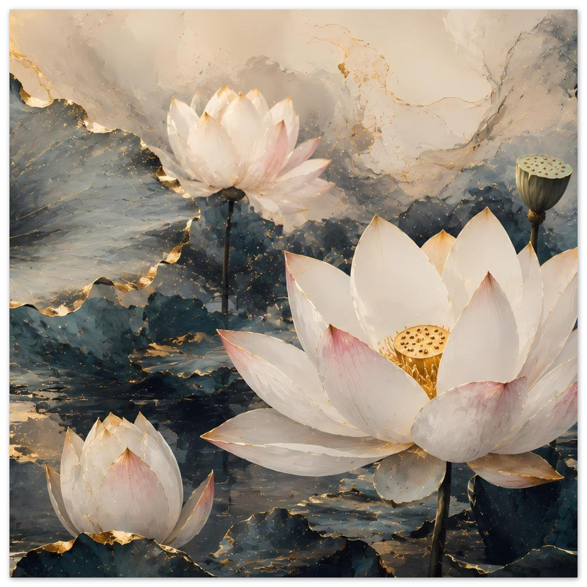 Lotusblumen-Poster mit großer weißer Lotusblüte und goldener Mitte, weitere Blüten im Motiv