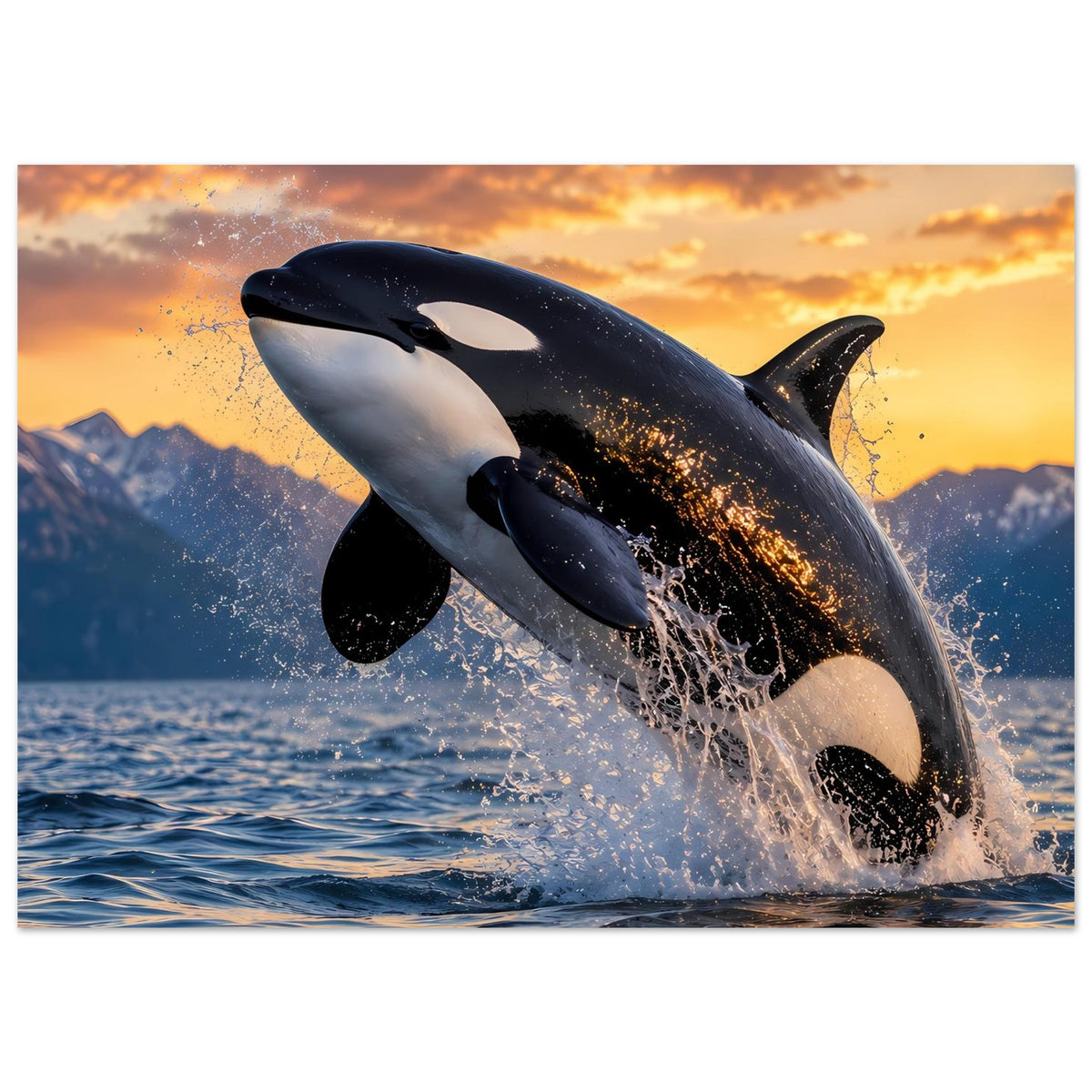 Orca-Sprung-Poster, Nahaufnahme: schwarzer und weißer Wal springt aus dem Wasser, Spritzer sichtbar