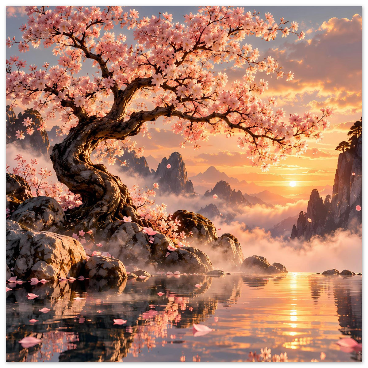 Horizontales Poster mit blühenden Ästen, Felsen am Wasser und goldenem Sonnenuntergang