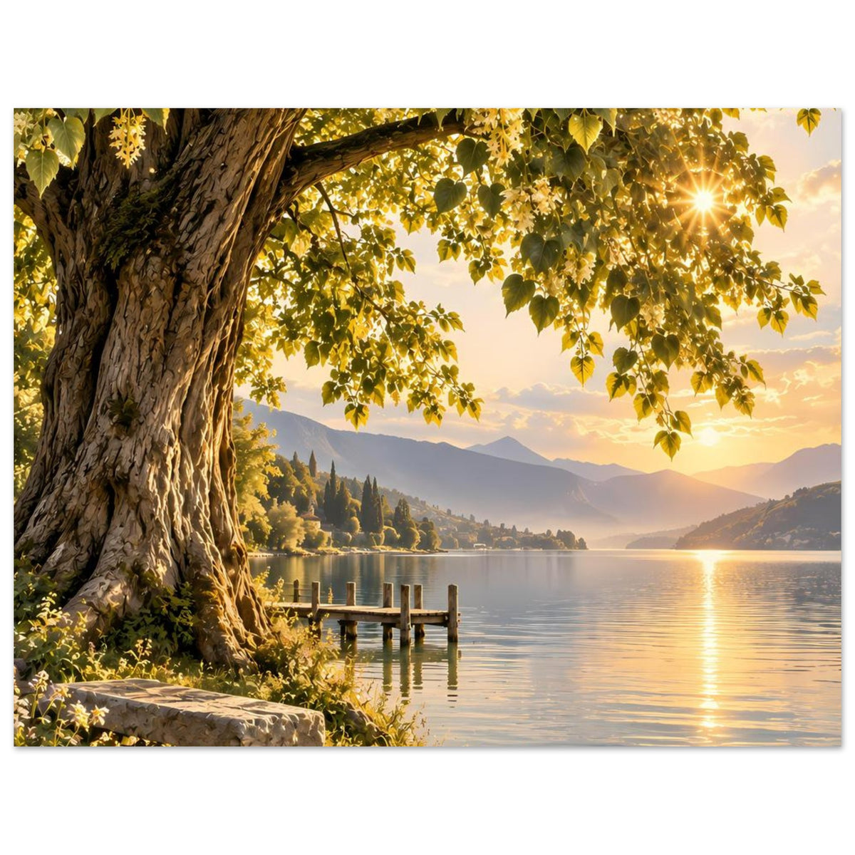 Poster mit altem Baumstamm, hängenden grünen Blättern, Seeufer und Holzsteg bei goldenem Abendlicht