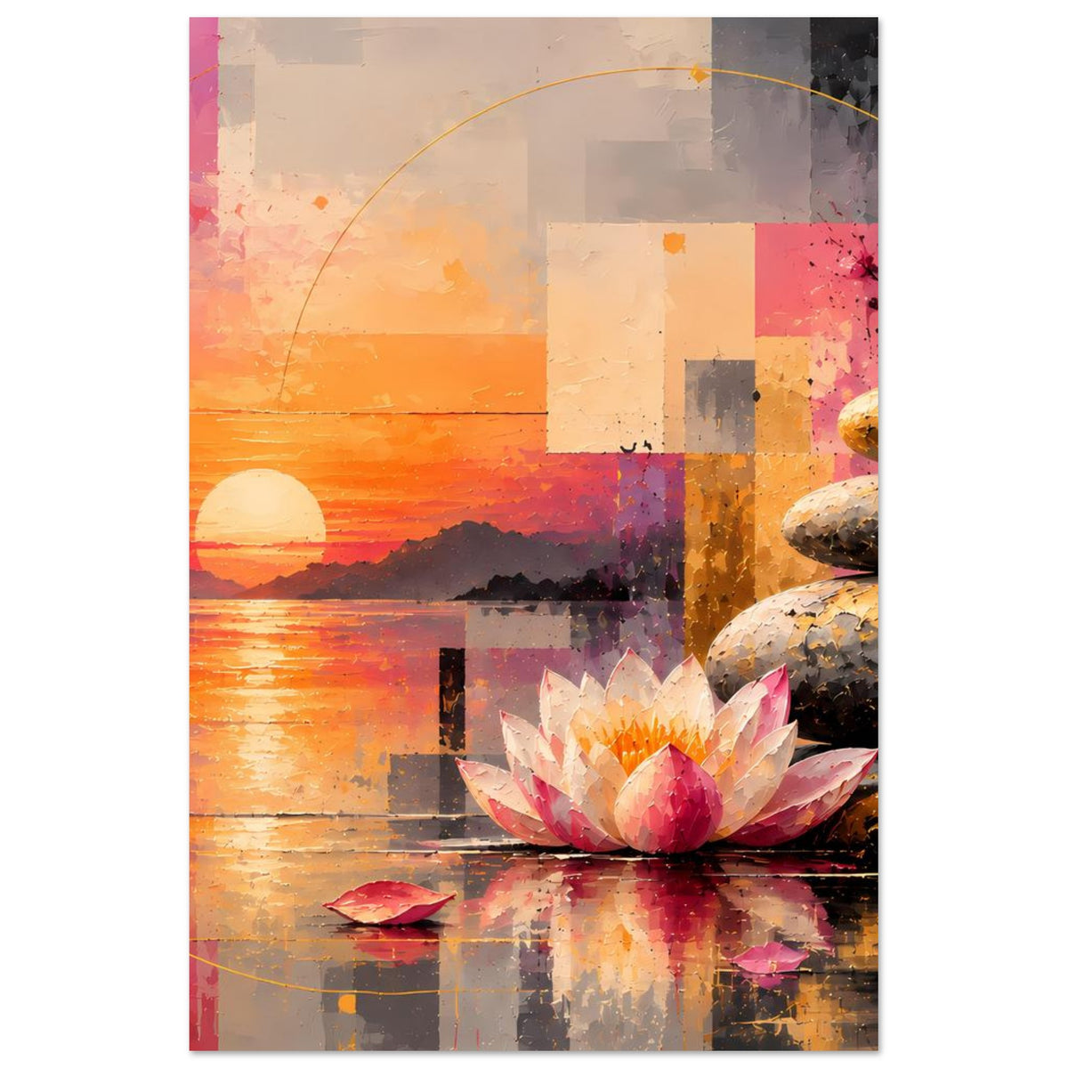 Kunstdruck im Hochformat: Sonnenuntergang, Lotusblüte, Steinstapel und abstrakte Quadrate