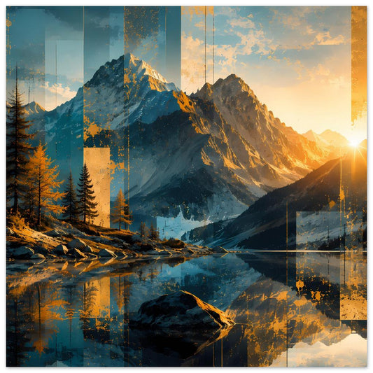Poster mit abstrakter Berglandschaft: blaue Berge, goldene Sonne, Reflexion im See.