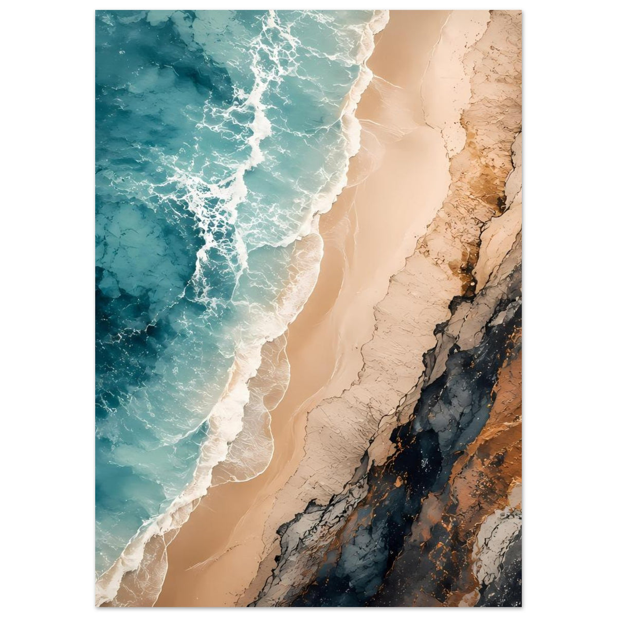 Poster mit türkiser See und Sandstrand an der Küste, Felsen rechts im Bild